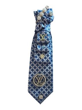 Designer-Inspired Blue Geometric Silk Tie with Metal Emblems
